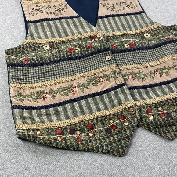 VTG Paul Harris Floral Embroidered Vest Womens M Patchwork Stripe Boho Cottage - Picture 6 of 11